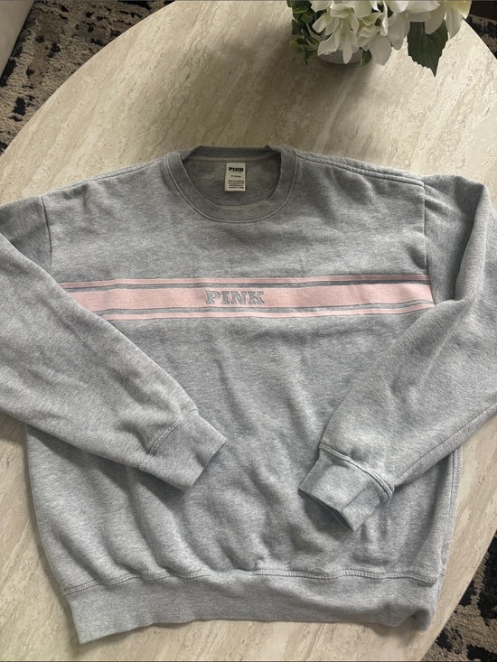 PINK Victoria's Secret Tops - PINK Victoria's Secret Light Gray Crewneck Sweatshirt with Pink Stripe